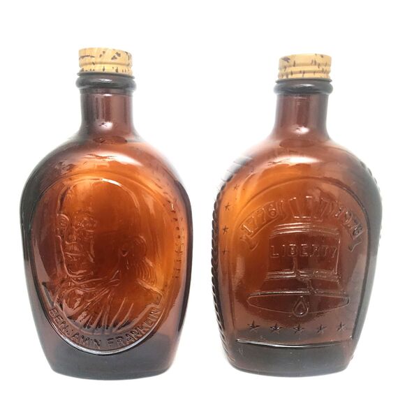 Set of 4 1776 Bicentennial Log Cabin Maple Syrup Amber Glass Bottles Vintage - Picture 10 of 16